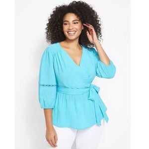 Lane Bryant Turquoise Surplice-Neck Belted Top Size 20